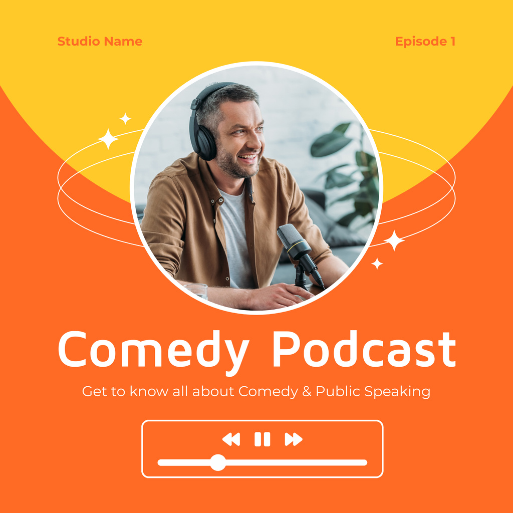 Plantilla de diseño de Promo of Comedy Podcast with Man in Headphones Podcast Cover 