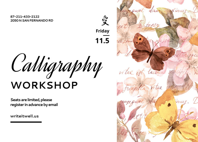 Calligraphy Training Announcement with Watercolor Illustration Flyer 5x7in Horizontal Modelo de Design