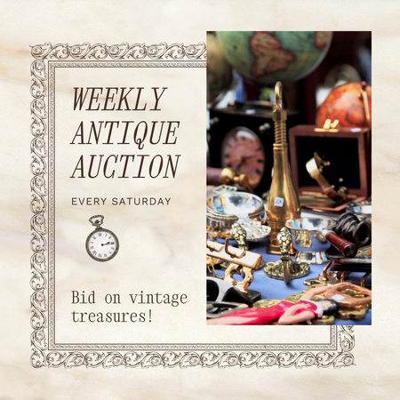 Designvorlage Wöchentliche Ankündigung einer Antiquitätenauktion mit wertvollen Artefakten für Animated Post