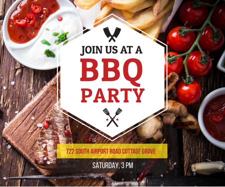 BBQ Party Invitation with Grilled Steak Large Rectangle Design Template