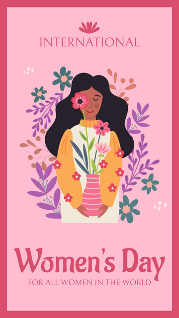 Cute Woman with Flowers on Women's Day Instagram Story tervezősablon