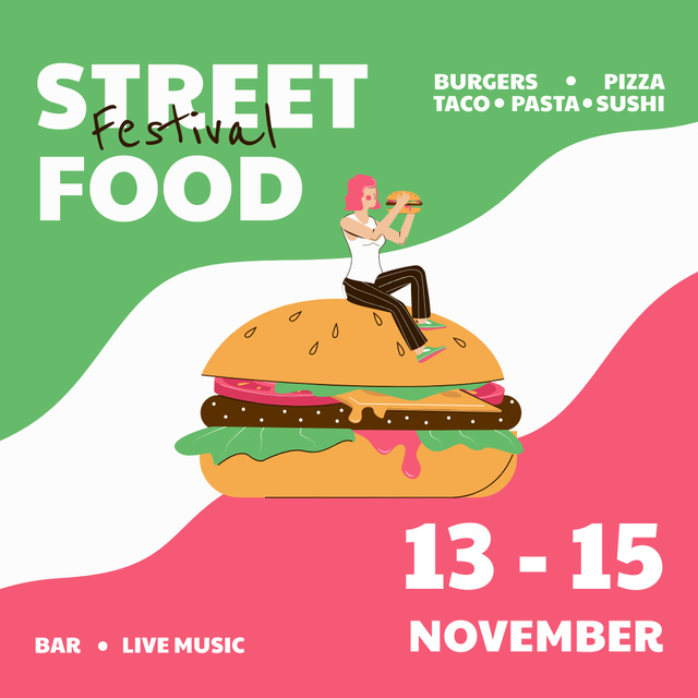 Street Food Festival Announcement with Illustration of Burger Instagram Tasarım Şablonu
