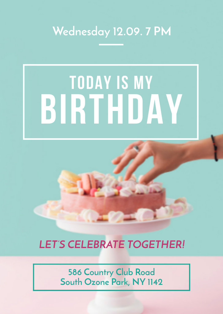 Birthday Invitation with Festive Cake Flyer A6 Design Template