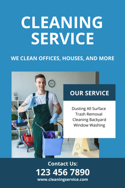 Cleaning Service Ad with Man in Uniform Flyer 4x6in Modelo de Design