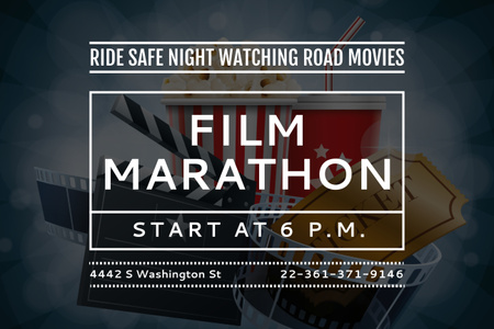Film Marathon Night with Cinema Attributes Poster 24x36in Horizontal Design Template