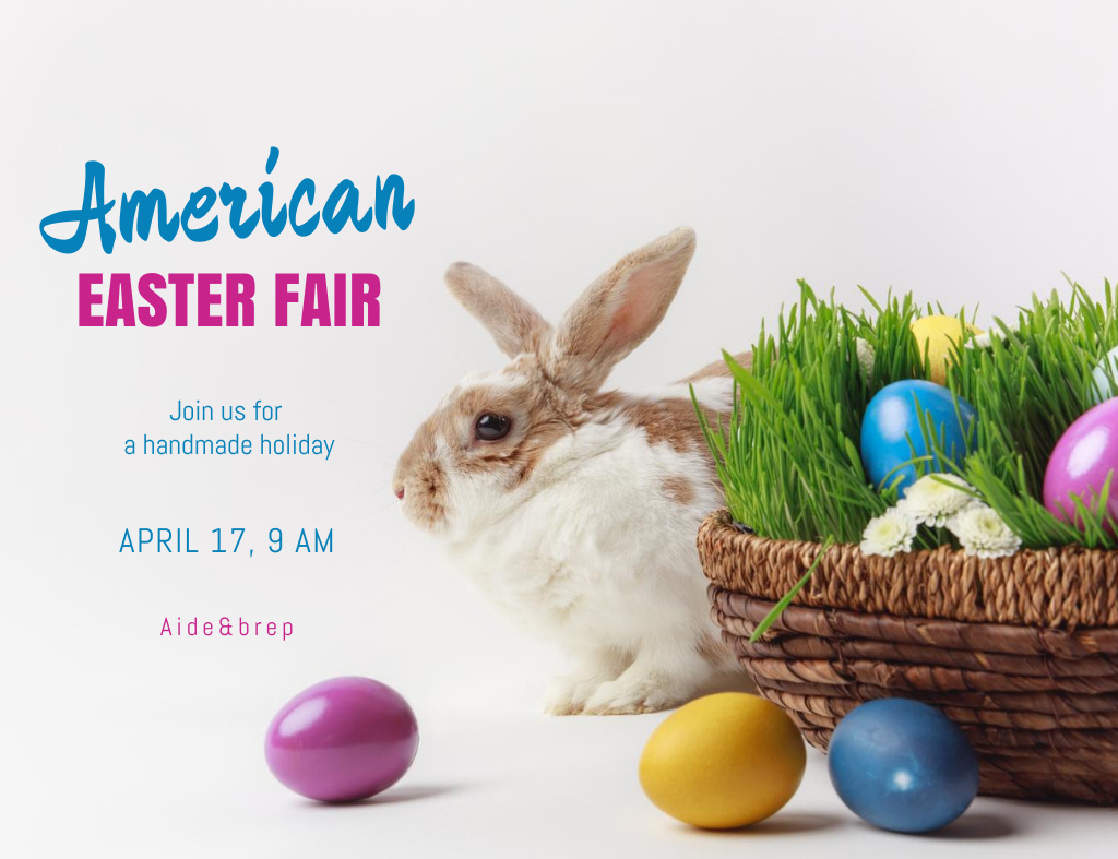 Easter Holiday Celebration Announcement with Cute Bunny Invitation 13.9x10.7cm Horizontal – шаблон для дизайна