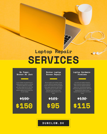 Electronics Repair Service Offer with Laptop and Headphones on Yellow Poster 16x20in – шаблон для дизайну