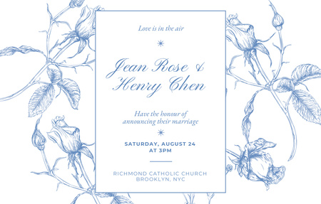 Modèle de visuel Faire-part de cérémonie de mariage avec des fleurs bleues de croquis - Invitation 4.6x7.2in Horizontal