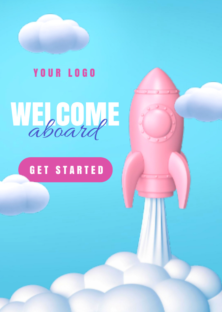 Welcome Phrase With Cute Rocket In Clouds Postcard A6 Vertical Design Template