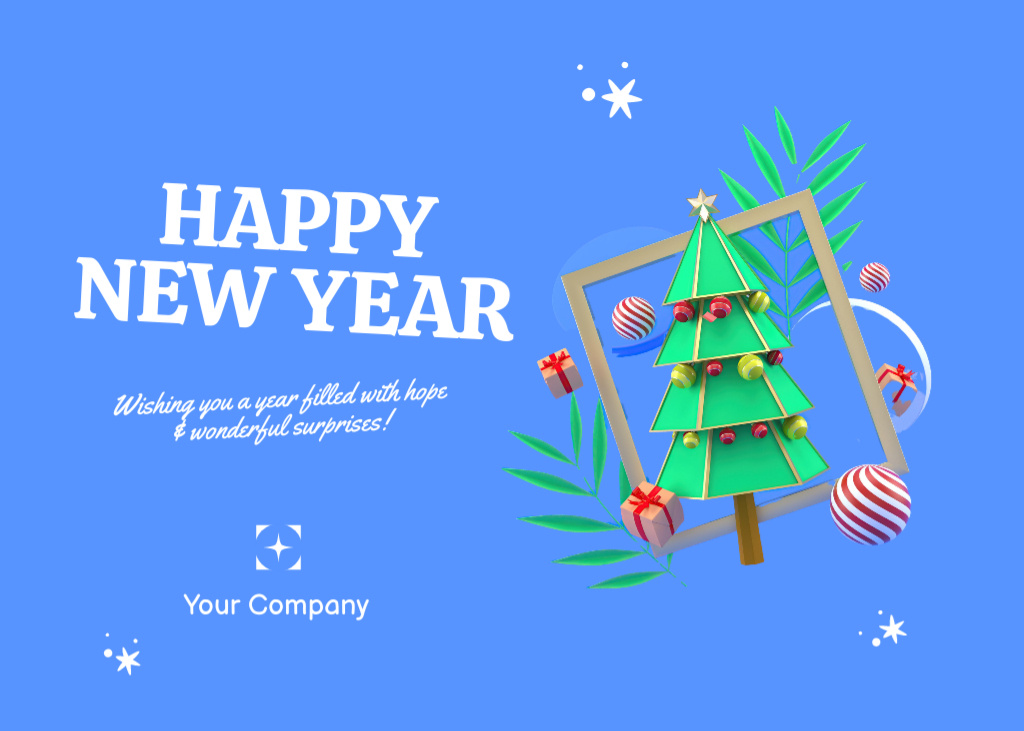 Designvorlage New Year Holiday Greeting with Illustration of Cute Decorated Tree für Postcard 5x7in