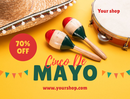 Cinco de Mayo Greeting with Maracas and Tambourine Postcard 4.2x5.5in Design Template