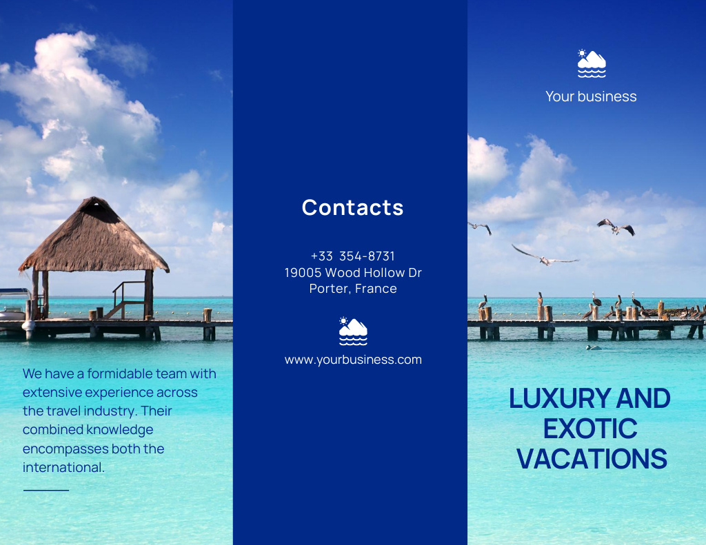 Exotic Vacations Offer with Crystal Blue Water Brochure 8.5x11in Design Template