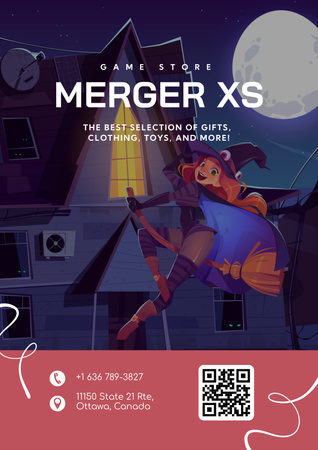 Gaming Shop Ad with Cute Witch Poster Šablona návrhu