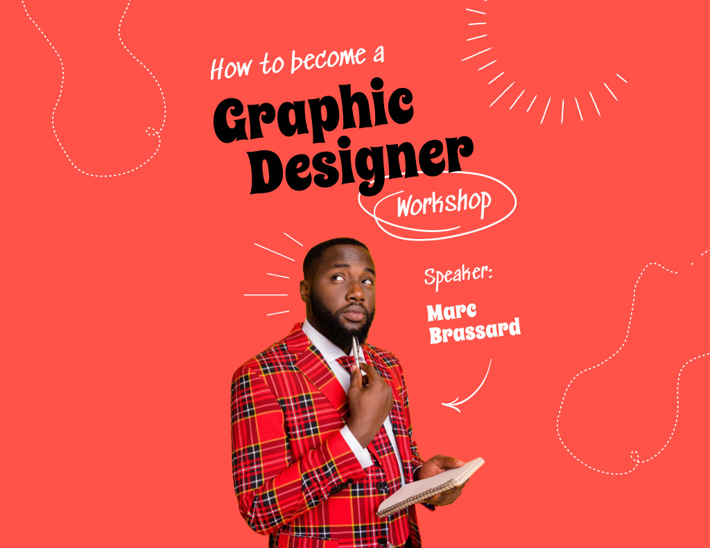 Plantilla de diseño de Workshop Ad about Graphic Design with Thoughtful Man Flyer 8.5x11in Horizontal 