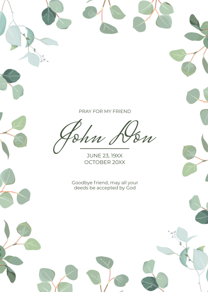 Sympathy Phrase with Green Leaves on White Postcard 5x7in Vertical Design Template