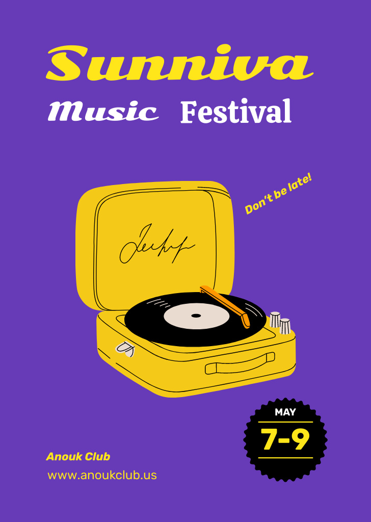Music Festival Ad with Vinyl Player Flyer A6 Design Template