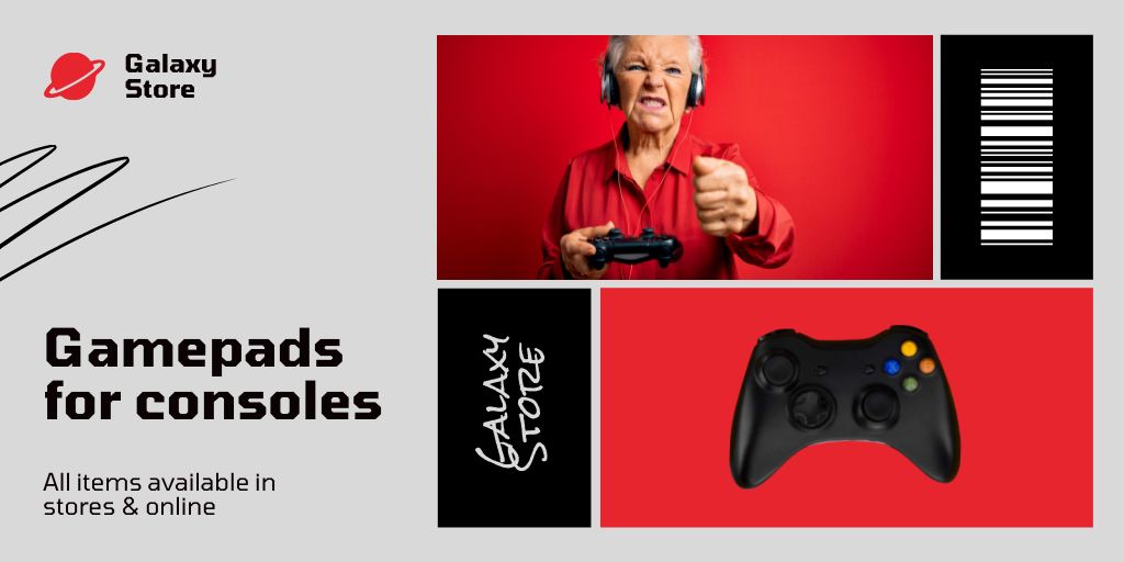 Gaming Gear Ad with Elder Woman with Console Twitter tervezősablon