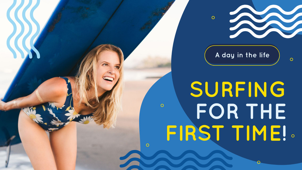 Template di design Surfing School Woman with Board in Blue Youtube Thumbnail