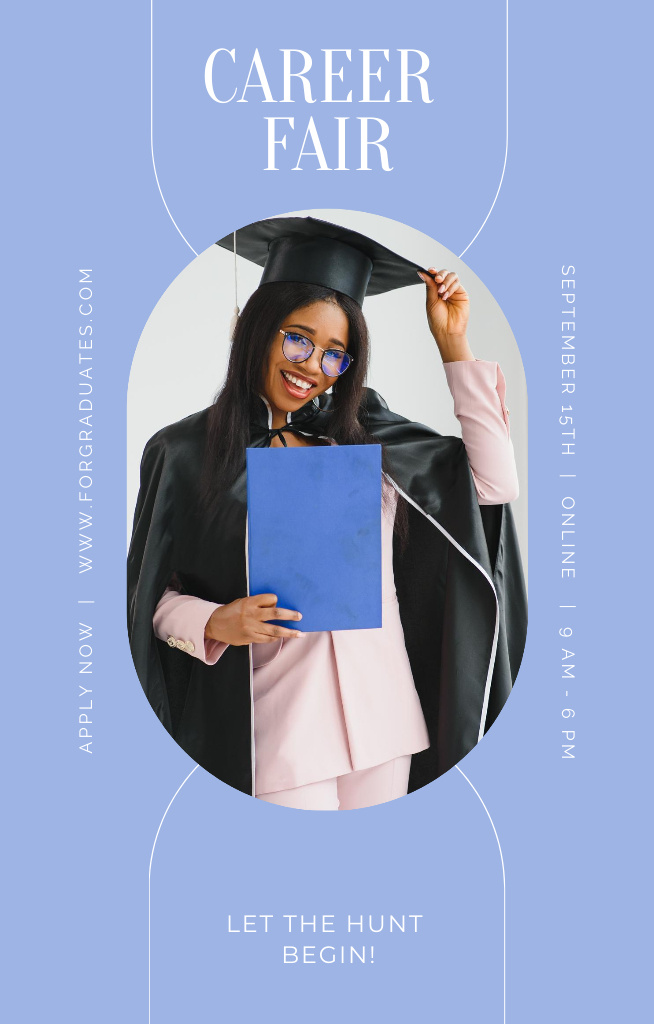 Modèle de visuel Graduate Career Fair Announcement In Violet with Cheerful Student - Invitation 4.6x7.2in