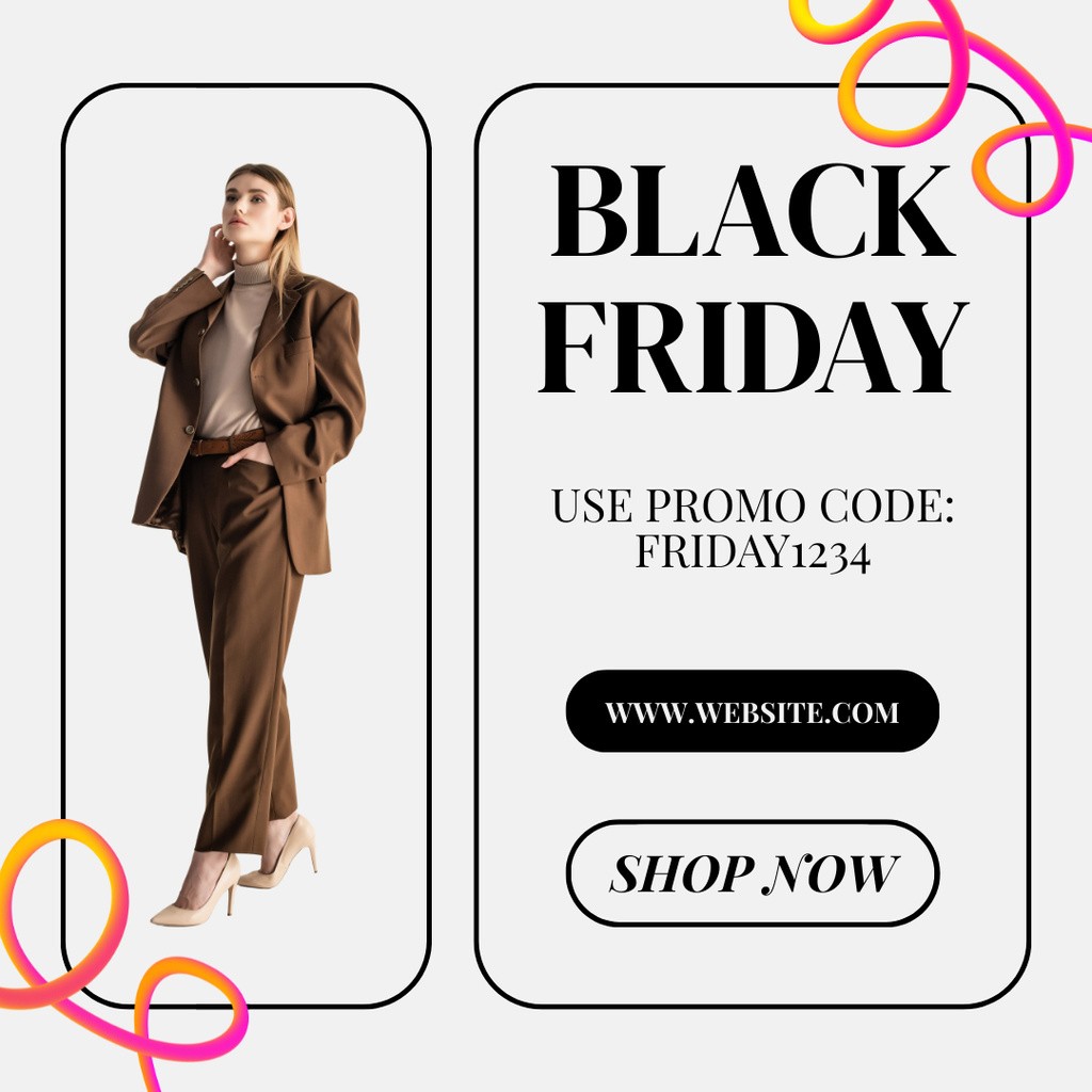 Black Friday Sale with Woman in Stylish Brown Suit Instagramデザインテンプレート