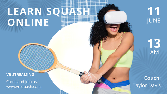 Woman in Virtual Reality Glasses Playing Squash Youtube Thumbnail Design Template