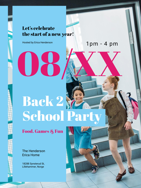 Back to School Party Invitation with Kids with Backpacks Poster US tervezősablon