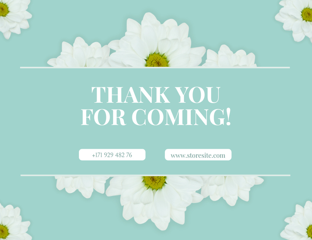 Template di design Thank You for Coming Notice with White Chrysanthemum Flowers Thank You Card 5.5x4in Horizontal
