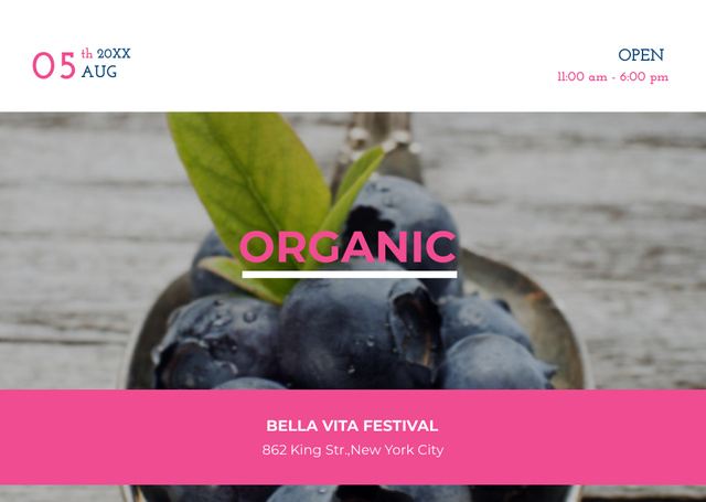 Organic Food Festival With Fresh Blueberries In August Flyer A6 Horizontal Design Template