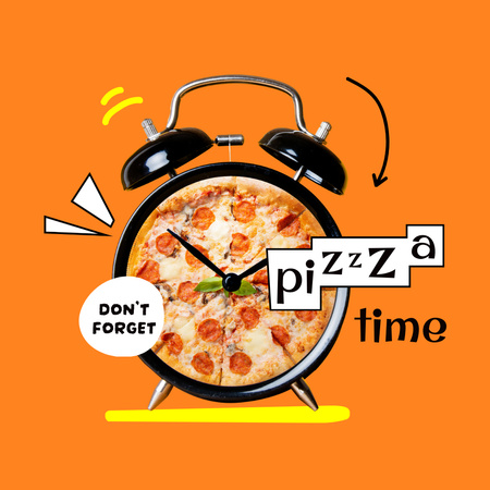 Funny Illustration of Pizza on Alarm Clock Instagram Design Template