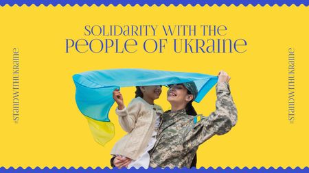 Ukrainian military woman holds kid and flag Title – шаблон для дизайна