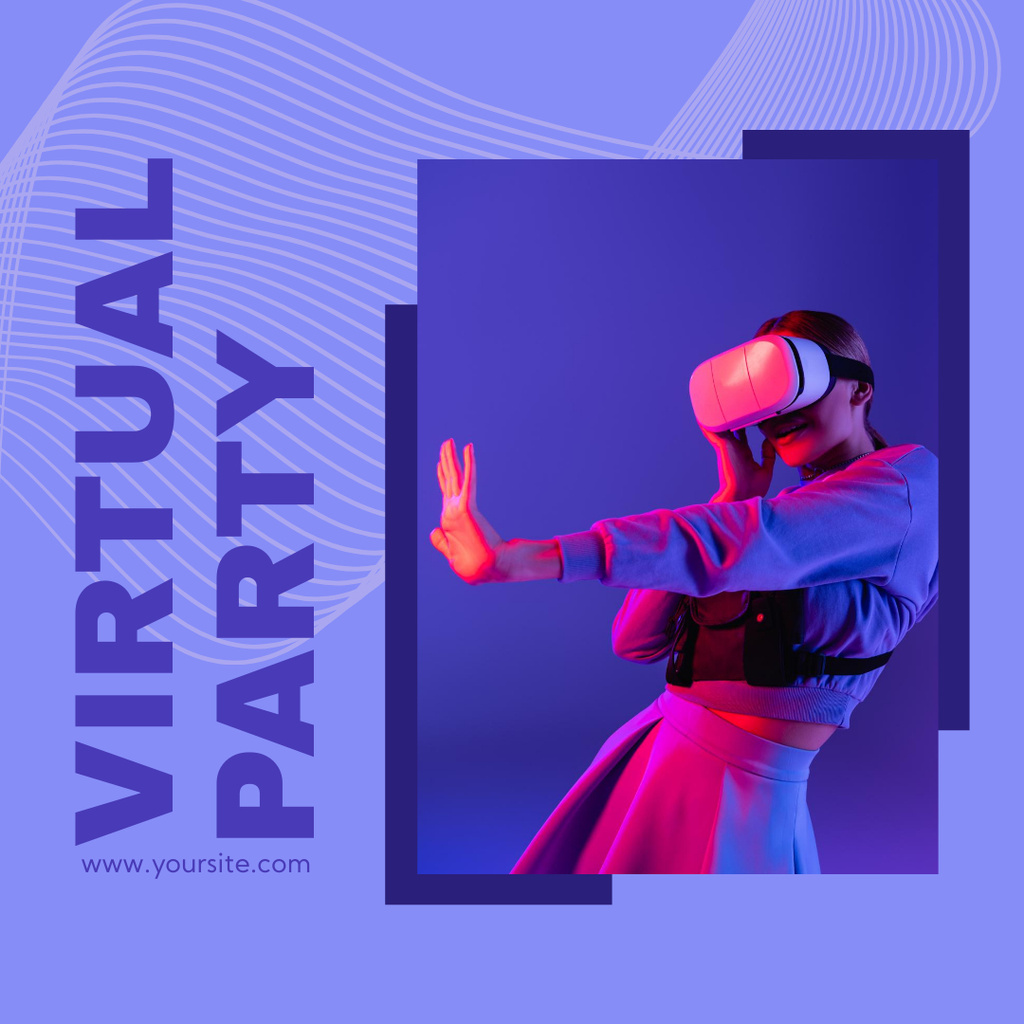 Virtual Party Invitation with Young Woman in VR Glasses Instagram tervezősablon