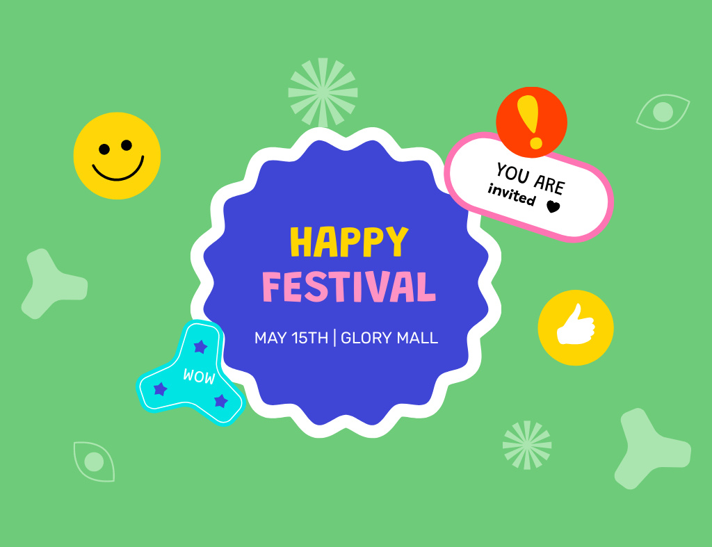 Bright Festival Event Announcement With Emoji Invitation 13.9x10.7cm Horizontal Design Template