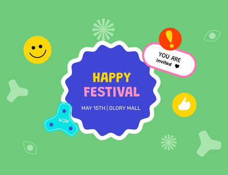 Plantilla de diseño de Anuncio de evento de festival brillante con emoji Invitation 13.9x10.7cm Horizontal 