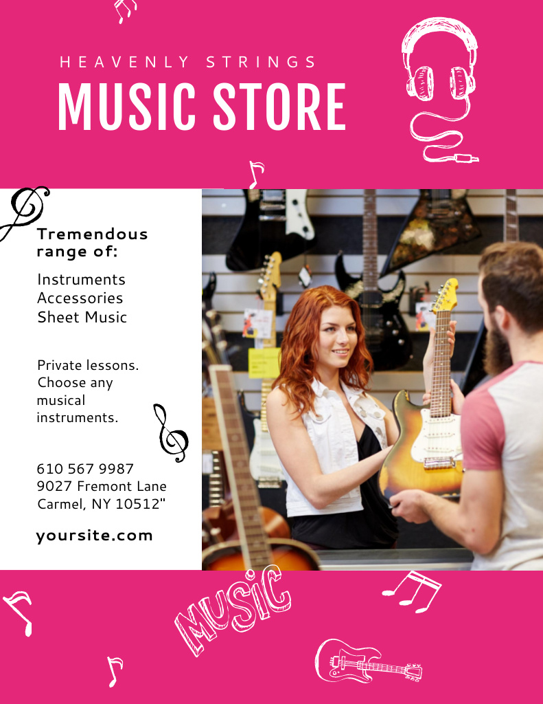 Serene Music Store Ad With Guitar And Gear Flyer 8.5x11in Design Template