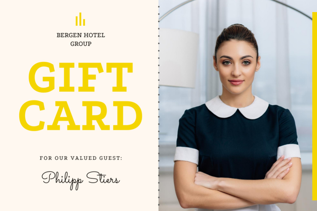 Hotel Card with Confident Professional Maid Gift Certificate Πρότυπο σχεδίασης