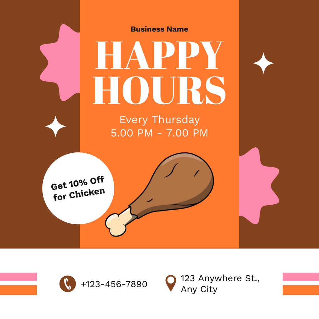 Happy Hours in Fast Casual Restaurant with Delicious Chicken Leg Instagram Design Template