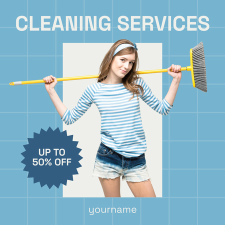 Cleaning Services Offer with Girl with Broom Instagram AD tervezősablon