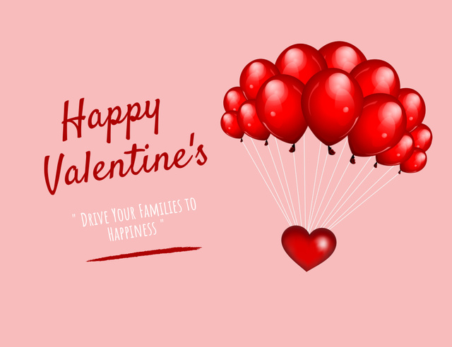 Valentine's Day Greeting with Heart Shaped Balloons Thank You Card 5.5x4in Horizontal Tasarım Şablonu