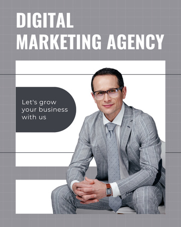 Plantilla de diseño de Servicios de agencia de marketing digital con empresario en traje gris Instagram Post Vertical 