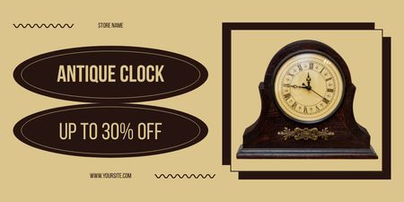 Aged Table Clock With Discounts Offer In Antiques Store Twitter Design Template
