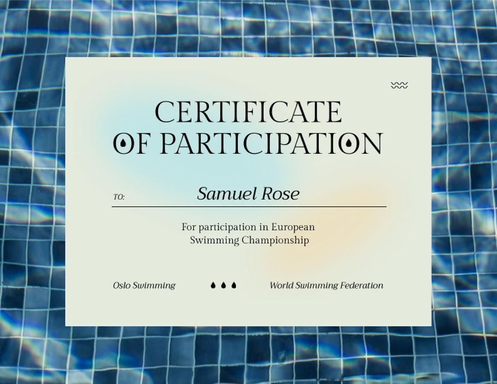 Template di design Award for Participation in Swimming Championship Certificate