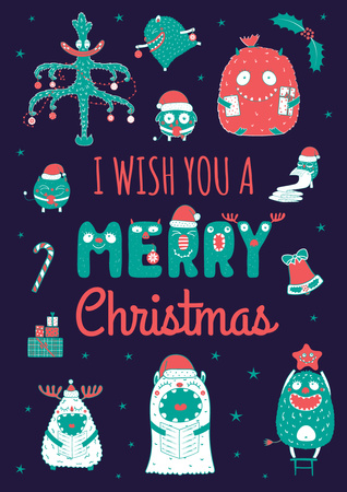 Christmas Holiday Greeting with Funny Monsters Poster A3 Design Template