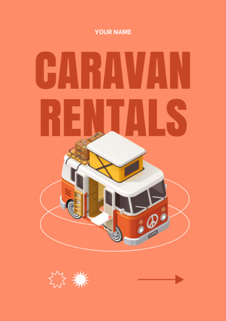 Caravan Rental Offer with Cute Cartoon Bus on Peach Flyer A5 tervezősablon