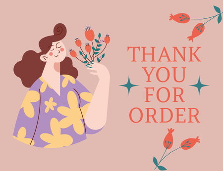 Lause, jossa nainen pitelee kukkia. Kiitos tilauksestasi Thank You Card 5.5x4in Horizontal Design Template