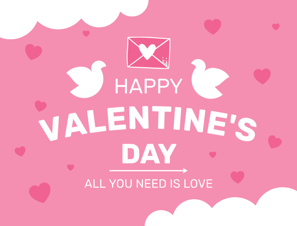 Ontwerpsjabloon van Postcard 4.2x5.5in van Cute Doves With Hearts For Valentine's Day In Pink
