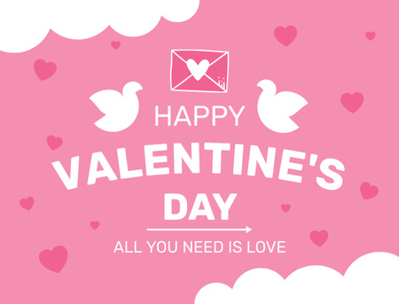 Plantilla de diseño de Lindas palomas con corazones para el día de San Valentín en rosa Postcard 4.2x5.5in 