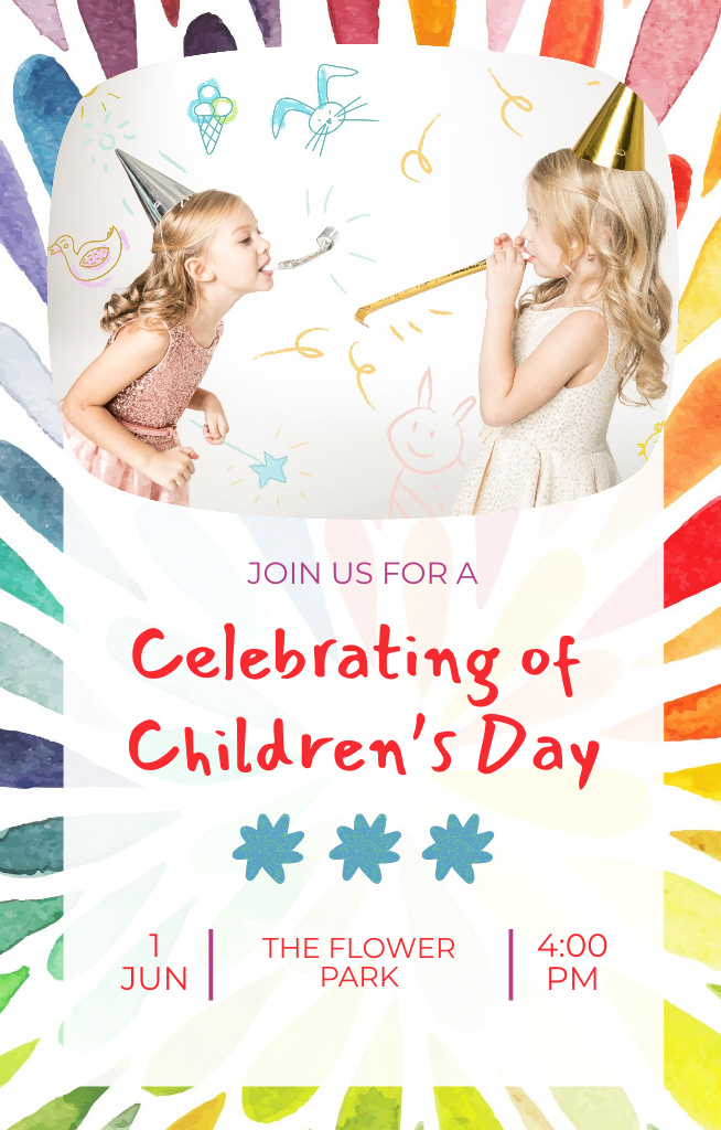 Designvorlage Children's Day Celebration With Noisemakers on Colorful Smudges für Invitation 4.6x7.2in