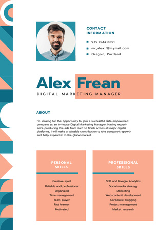 Template di design Marketing Manager professional skills and experience  Resume