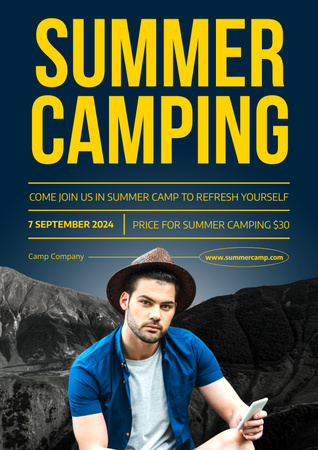 Camping Trip Offer with Man in Mountains Poster Modelo de Design