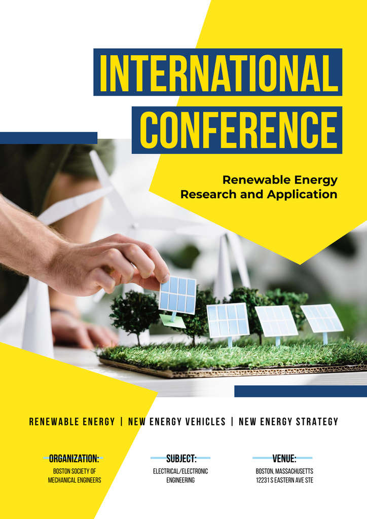Designvorlage Renewable Energy Conference Announcement with Solar Panels Model für Poster